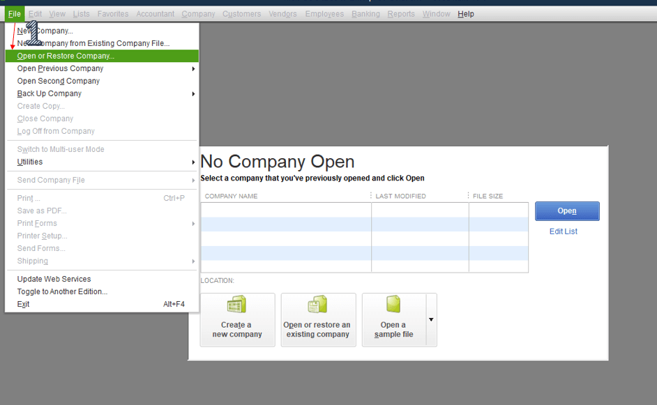 Open or restore company file in QuickBooks