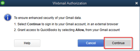 Web mail authorization in QuickBooks