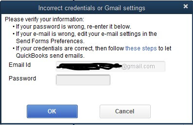 incorrect credentail of Gmail in QuickBooks 